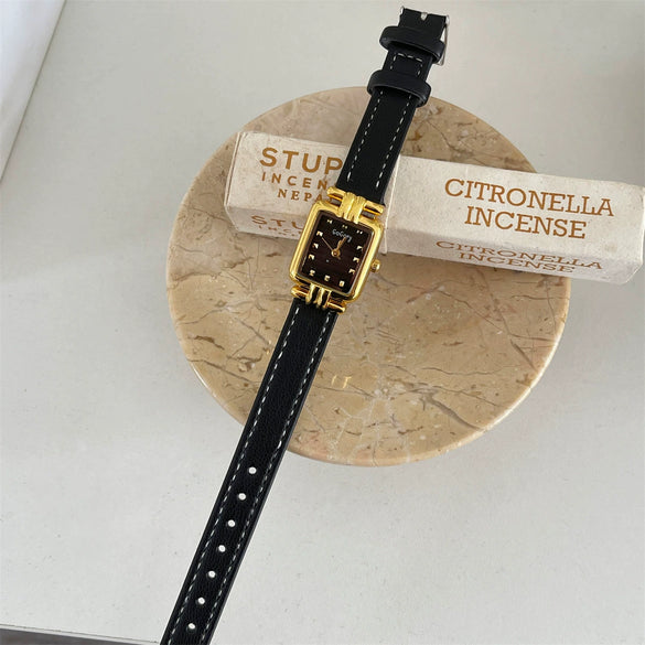 Female Student Belt Quartz Watch Tshaped Square Black Gold Metal Case Genuine Leather Strap Stainless Steel Buckle Ordinary Glass Mirror Medieval Style