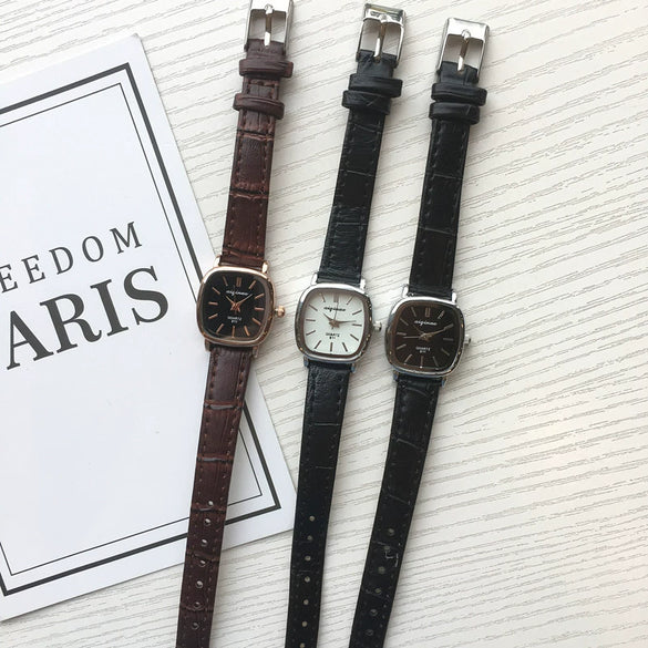 Female Student Casual Quartz Watch Alloy Case Stainless Steel Clasp Imitation Leather Strap Square Dial Antique Style