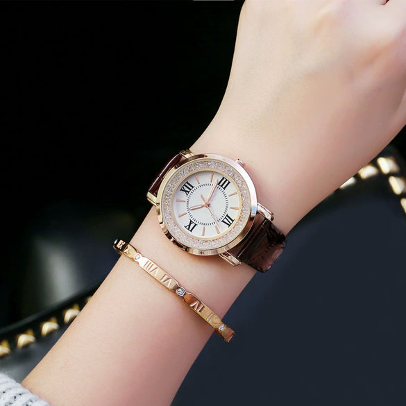 Female Student Fashion Quartz Watch With Rhinestones Alloy Case Genuine Leather Strap Round Dial