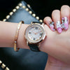 Female Student Fashion Quartz Watch With Rhinestones Alloy Case Genuine Leather Strap Round Dial