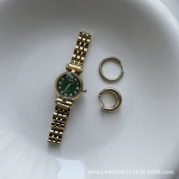 Female Student Round Alloy Case Fine Steel Belt Watch With Fritillary Pattern And Small Diamond Embedded Retro Light Luxury Style