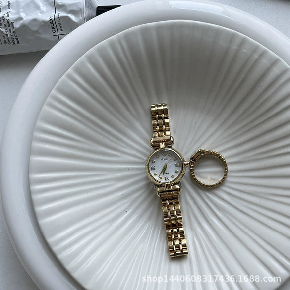 Female Student Round Alloy Case Fine Steel Belt Watch With Fritillary Pattern And Small Diamond Embedded Retro Light Luxury Style