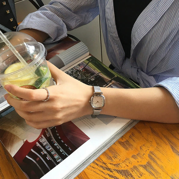 Female Student Square Silver Metal Alloy And Stainless Steel Bracelet Quartz Watch With Retro Artistic And Leisure Style