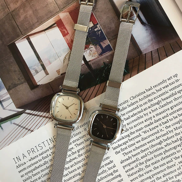 Female Student Square Silver Metal Alloy And Stainless Steel Bracelet Quartz Watch With Retro Artistic And Leisure Style