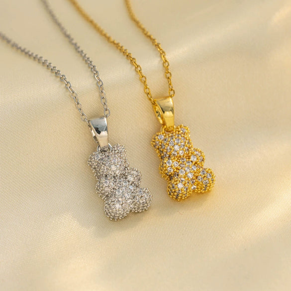 Female Titanium Steel Pendant Necklace With Cartoon Bear Zircon Light Luxury And Sweet Cool Style New Design