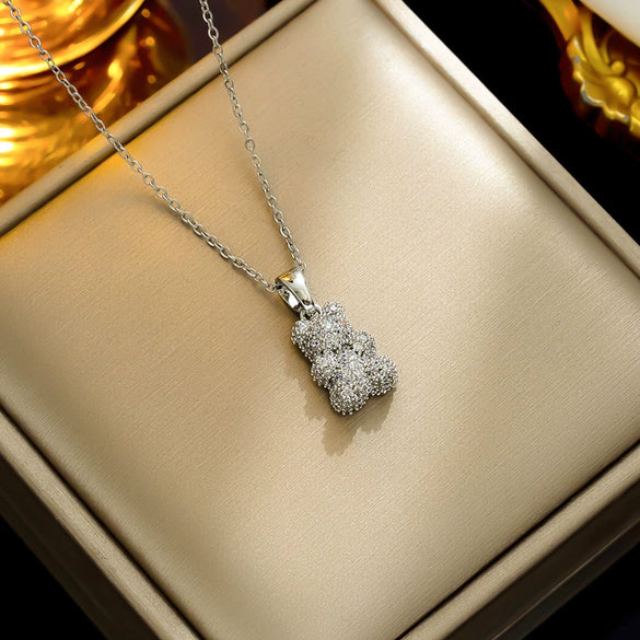 Female Titanium Steel Pendant Necklace With Cartoon Bear Zircon Light Luxury And Sweet Cool Style New Design