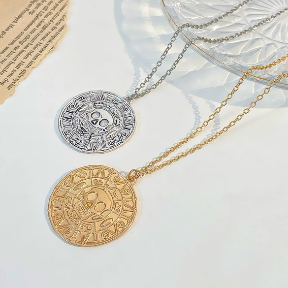 Festival Element Skull Necklace With Aztec Gold Coin Chain Alloy Material Geometric Styling Electroplating Treatment