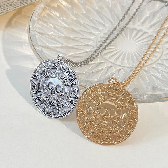 Festival Element Skull Necklace With Aztec Gold Coin Chain Alloy Material Geometric Styling Electroplating Treatment