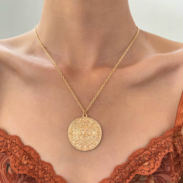 Festival Element Skull Necklace With Aztec Gold Coin Chain Alloy Material Geometric Styling Electroplating Treatment