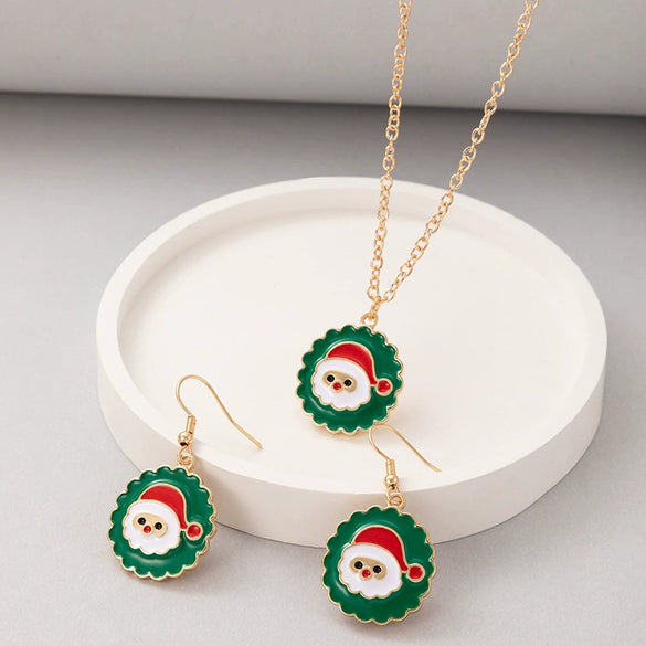 Festive Alloy Santa Claus Dripping Oil Jewelry Set With Geometric Earrings And Necklace For Unisex Holiday Wear