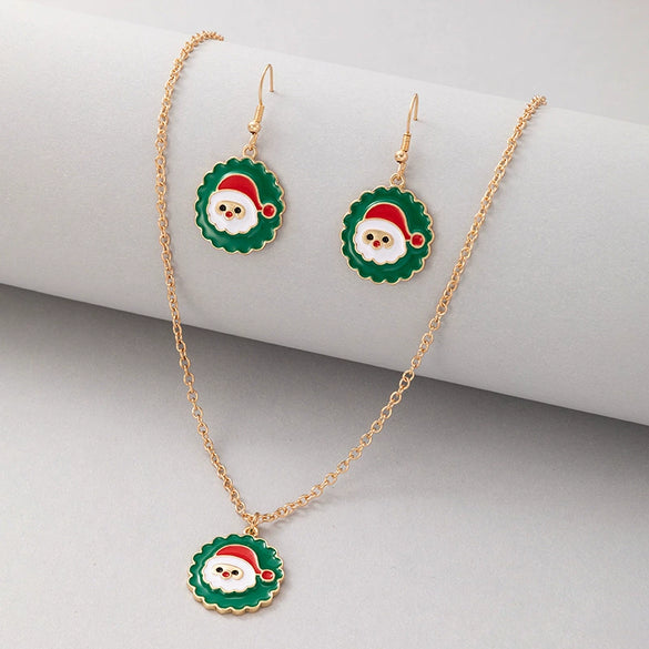 Festive Alloy Santa Claus Dripping Oil Jewelry Set With Geometric Earrings And Necklace For Unisex Holiday Wear