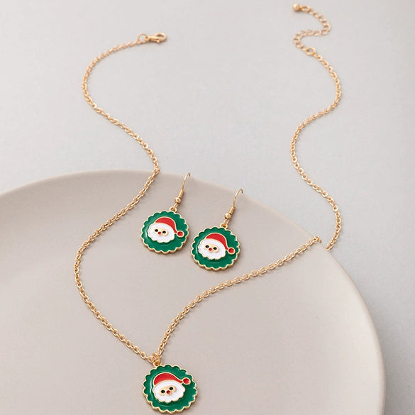 Festive Alloy Santa Claus Dripping Oil Jewelry Set With Geometric Earrings And Necklace For Unisex Holiday Wear