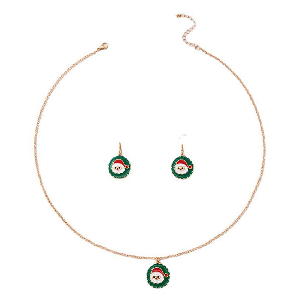 Festive Alloy Santa Claus Dripping Oil Jewelry Set With Geometric Earrings And Necklace For Unisex Holiday Wear