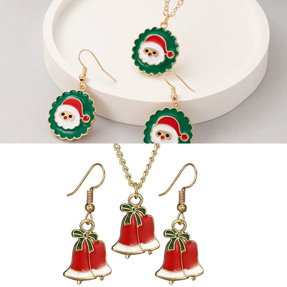 Festive Alloy Santa Claus Dripping Oil Jewelry Set With Geometric Earrings And Necklace For Unisex Holiday Wear