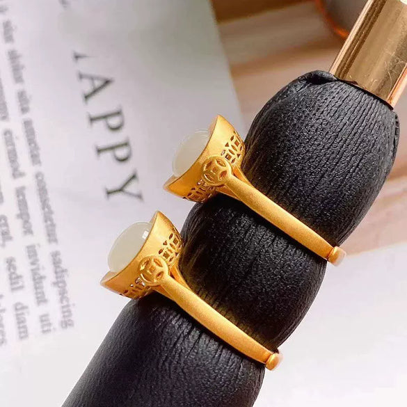 Finger Circle Fine Hotan White Jade Small Yuanbao Ancient Gold Ring Court Chinese Style Classical Index Finger Ring