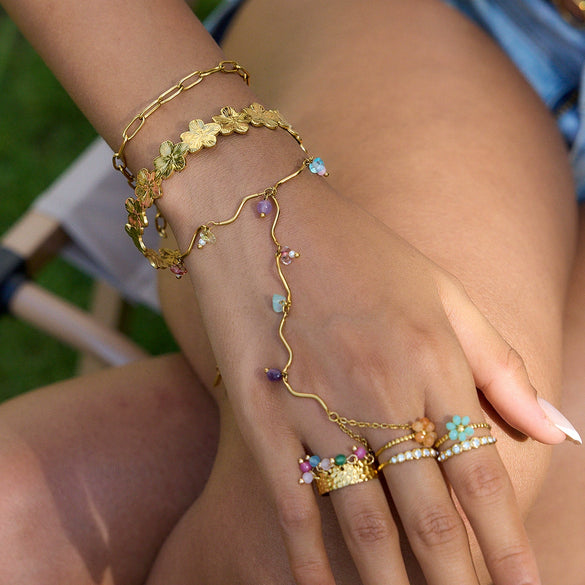 Fingerless Bracelet Stainless Steel Colorful Natural Stone Flower Pattern Electroplated Highend Hand Jewelry