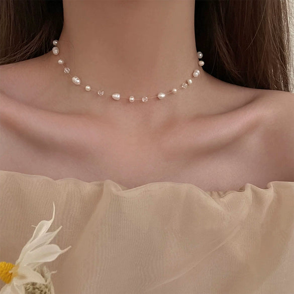 Fishing Line Pearl Necklace With Geometric Design For Women