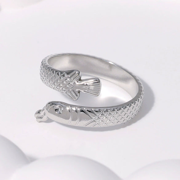 Fishshaped Stainless Steel Women's Open Ring With Animal Zodiac Pattern And Electroplating Treatment