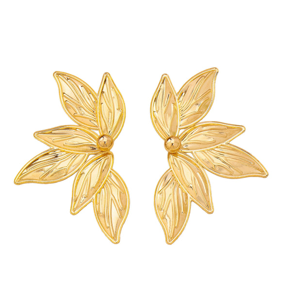 Fivepetal Floral Statement Earrings With Electroplated Goldtone Iron Alloy And Stainless Steel Posts Retro Botanical Design For Women