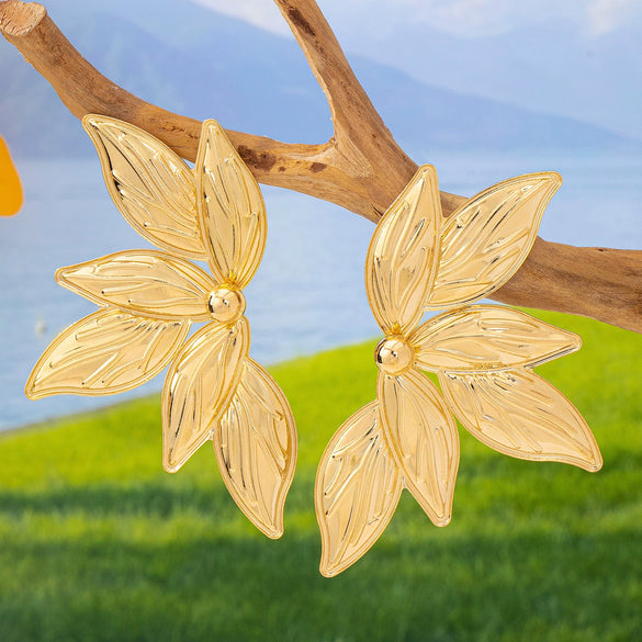 Fivepetal Floral Statement Earrings With Electroplated Goldtone Iron Alloy And Stainless Steel Posts Retro Botanical Design For Women