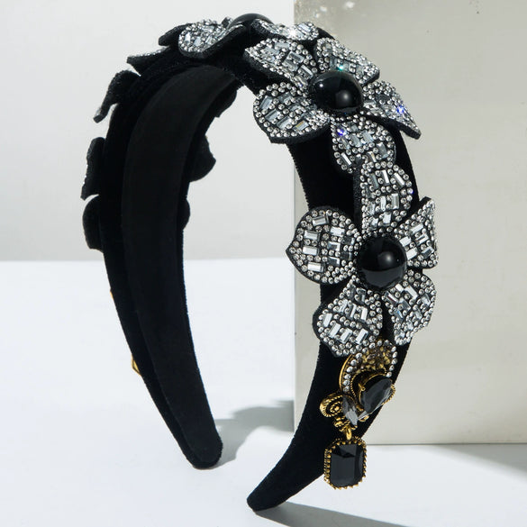 Flannel Headband With Three Dimensional Flower Glass Diamond Tassel For Women