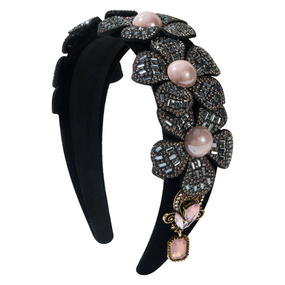 Flannel Headband With Three Dimensional Flower Glass Diamond Tassel For Women