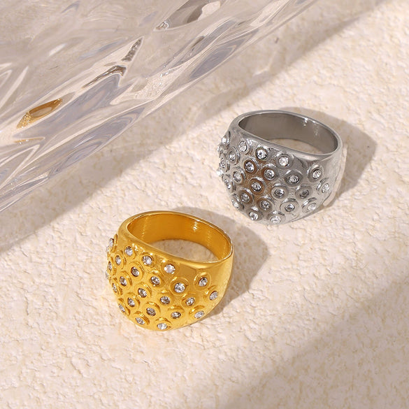 Flash Diamond Wide Face Ring Titanium Steel Plated 18K Gold Bubble Round Geometric Design Electroplated Women's Hand Jewelry