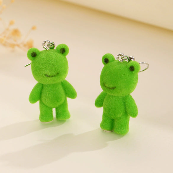 Flocking Resin Frog Pendant Earrings Cute Cartoon Animal Design With Electroplating