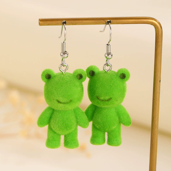Flocking Resin Frog Pendant Earrings Cute Cartoon Animal Design With Electroplating
