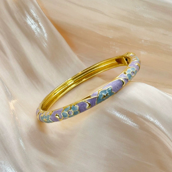 Floral Enamel Cloisonné Open Cuff Bracelet With Retro Decorative Finish Statement Accessory