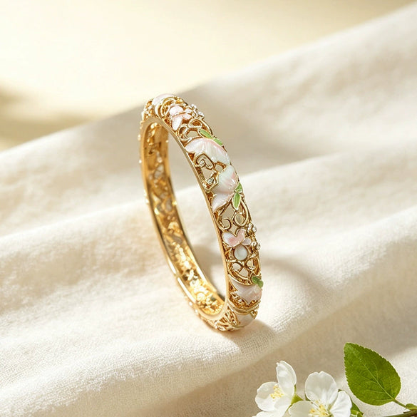 Floral Hollow Carved Cloisonné Enamel Bangle With Plated Finish Modern Minimalist Wholesale Jewelry