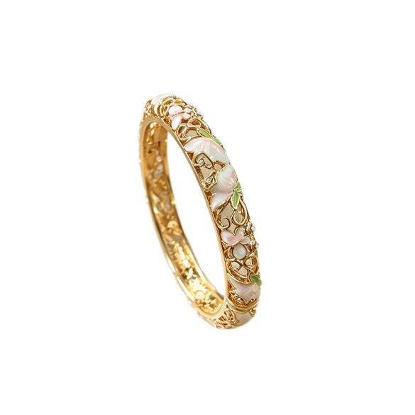 Floral Hollow Carved Cloisonné Enamel Bangle With Plated Finish Modern Minimalist Wholesale Jewelry