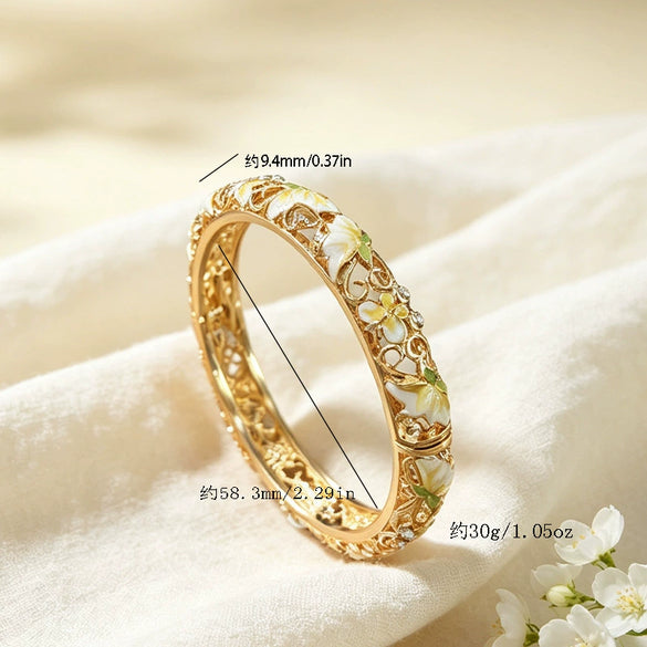 Floral Hollow Carved Cloisonné Enamel Bangle With Plated Finish Modern Minimalist Wholesale Jewelry