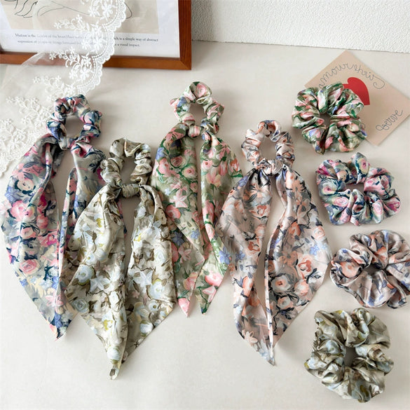 Floral Ribbon Scrunchie Hair Tie Handmade Fabric Women's Hair Accessory