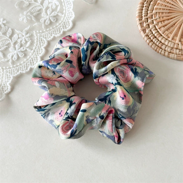 Floral Ribbon Scrunchie Hair Tie Handmade Fabric Women's Hair Accessory