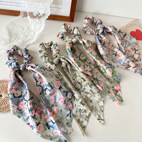 Floral Ribbon Scrunchie Hair Tie Handmade Fabric Women's Hair Accessory
