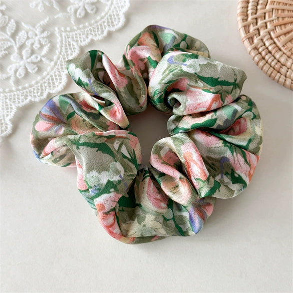 Floral Ribbon Scrunchie Hair Tie Handmade Fabric Women's Hair Accessory