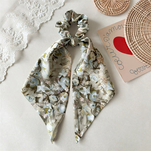 Floral Ribbon Scrunchie Hair Tie Handmade Fabric Women's Hair Accessory