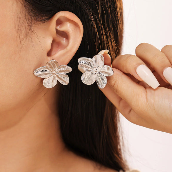 Flower Geometric Irregular Hammer Pleated 316L Stainless Steel 18K Gold Plated Vintage Women's Earrings