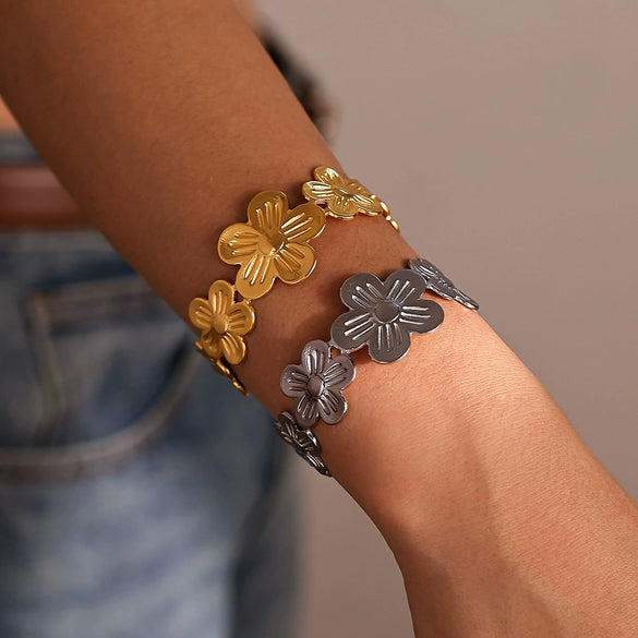 Flower Hollow Opening 316L Stainless Steel Geometric Electroplated Adjustable Bracelet