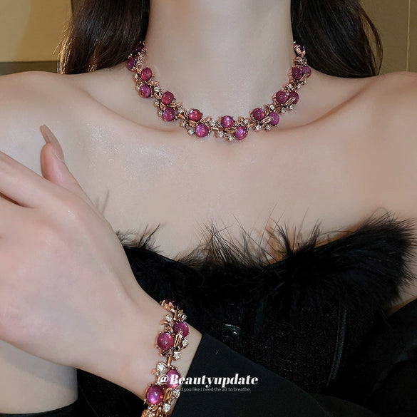 Flower Imitation Pearl Mid Ancient Necklace Bracelet Suit With Diamond Embedded For Women Light Luxury High Grade Clavicle Chain Jewelry