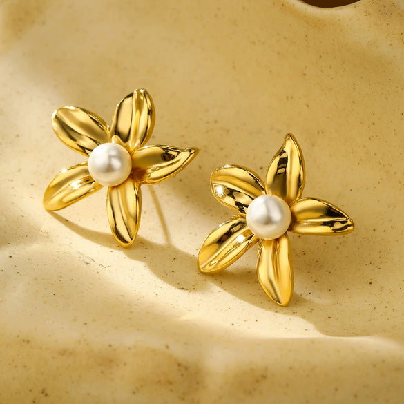 Flower Inlaid Stainless Steel And 18K Gold Electroplated Women's Earrings