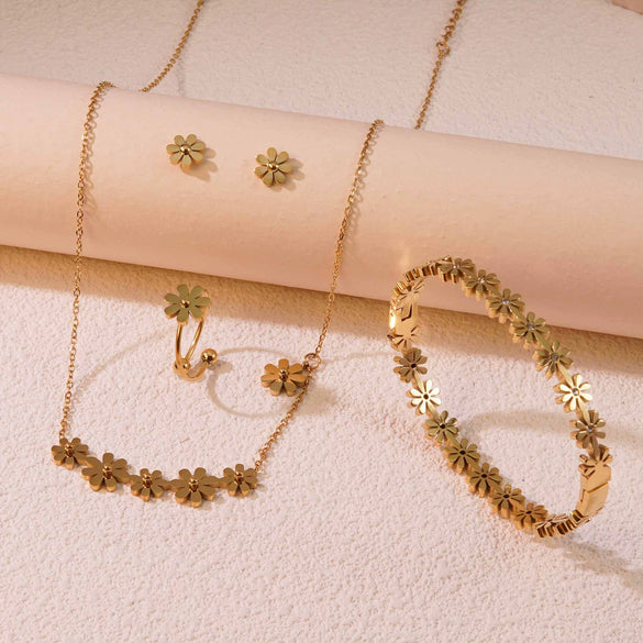 Flower Jewelry Set Stainless Steel Electroplating O Shaped Chain Little Daisy Rhinestones For Women