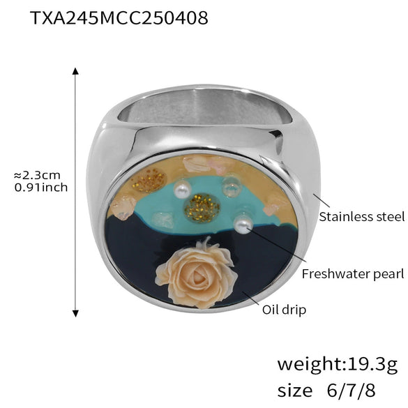 Flower Oil Painting Pattern Pearl Titanium Steel Jewelry Set With Electroplating For Women Light Luxury Palace Style