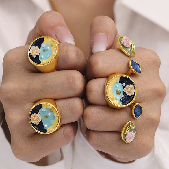 Flower Oil Painting Pattern Pearl Titanium Steel Jewelry Set With Electroplating For Women Light Luxury Palace Style