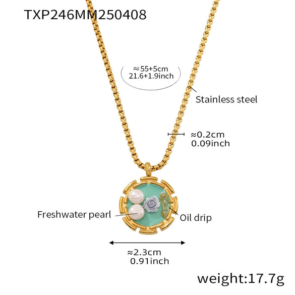 Flower Oil Painting Pattern Pearl Titanium Steel Jewelry Set With Electroplating For Women Light Luxury Palace Style