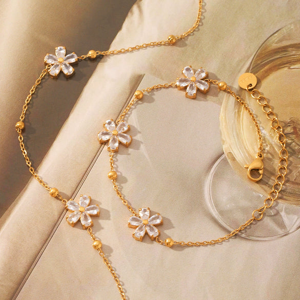 Flower Shaped Women's Jewelry Set With Daisy Pattern In Titanium Steel And Stainless Steel Set With Diamonds And Vacuum Electroplated Diamond