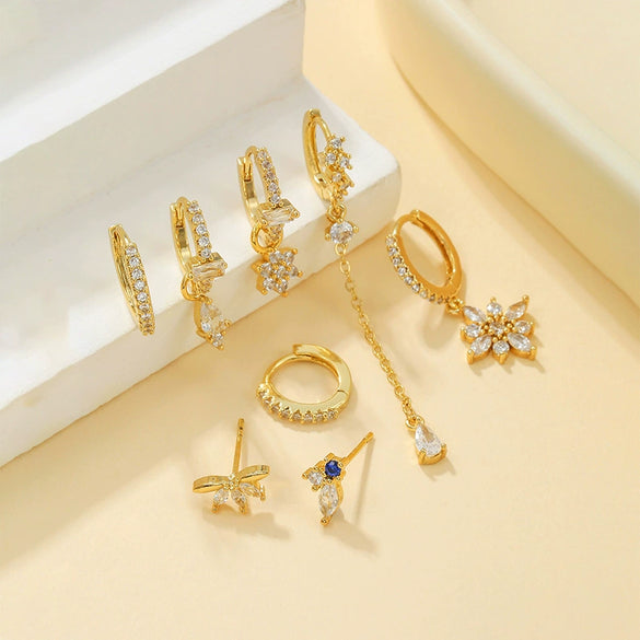 Flower Zircon Earrings Copper S925 Silver Needle 18K Plated Fashion Women's Earrings Set