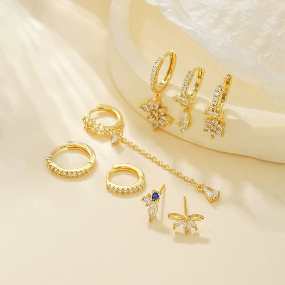 Flower Zircon Earrings Copper S925 Silver Needle 18K Plated Fashion Women's Earrings Set