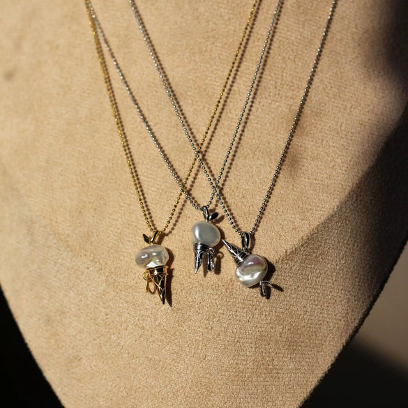 Food Series Necklace Copper Bow Baroque Specialshaped Pearl Cone Ice Cream Pendant Electroplating